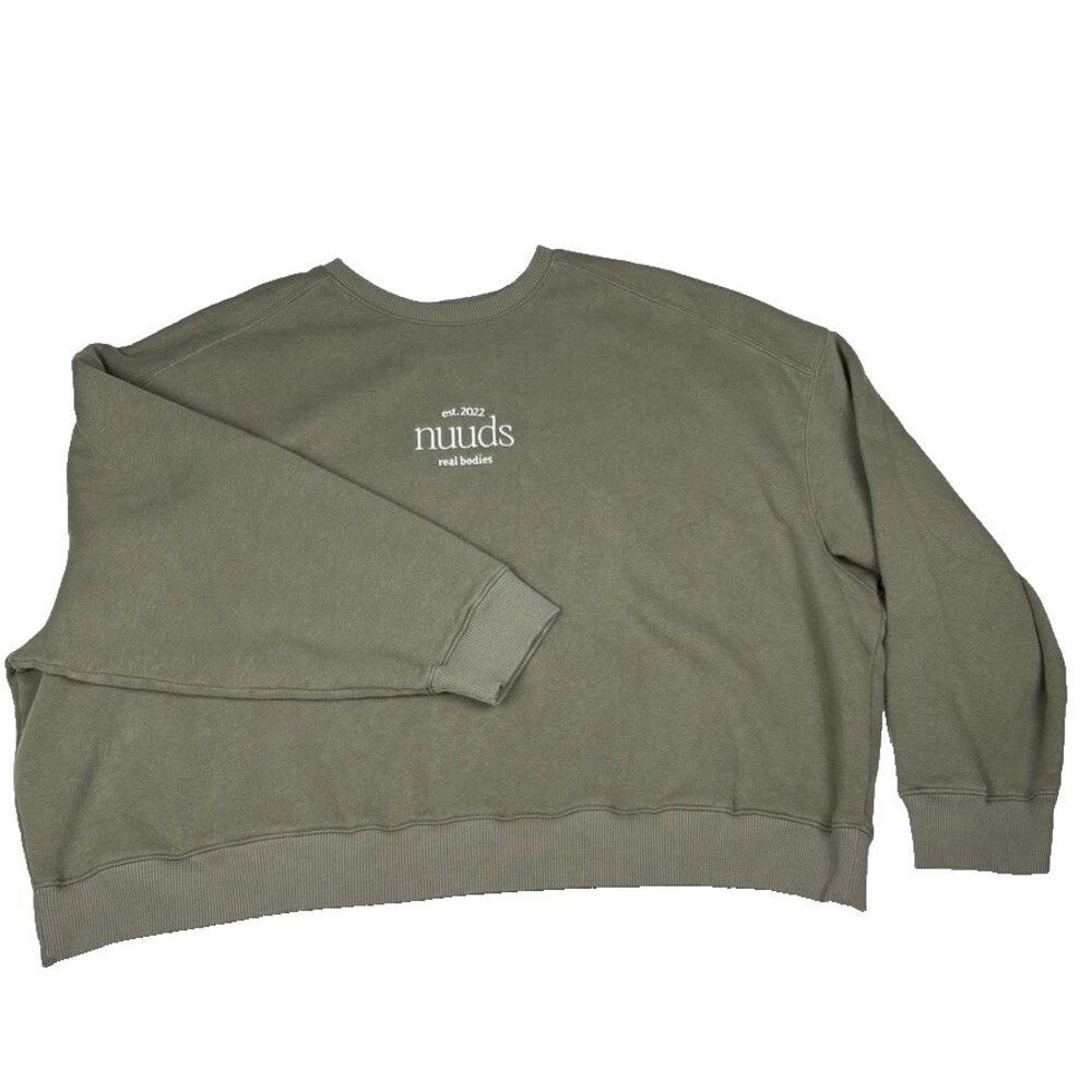Nuuds Real Bodies Crewneck Sweatshirt‎ XL Olive Green Fleece Lined Boxy Cozy